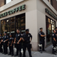 Police line up in front of a Starbucks coffee shop on Aug. 28, 2004, in New York City.